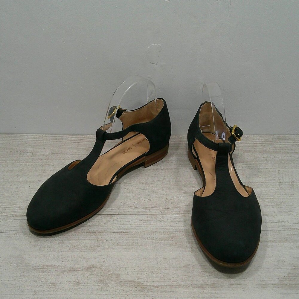 Clarks T-Strap Black Nubuck Retro-Inspired Comfort Low Box Heel Size 10 M